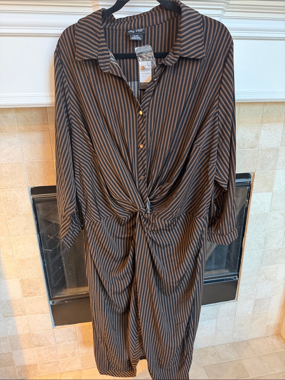City Chic Brown Striped Tie-Front Shirt Dress - Picture 2 of 9